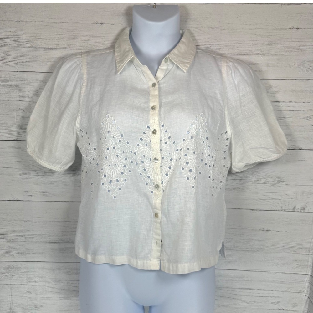 Joie Eyelet 100% Linen Blouse White Large eyelet cottage coquette spring boho - Picture 2 of 9